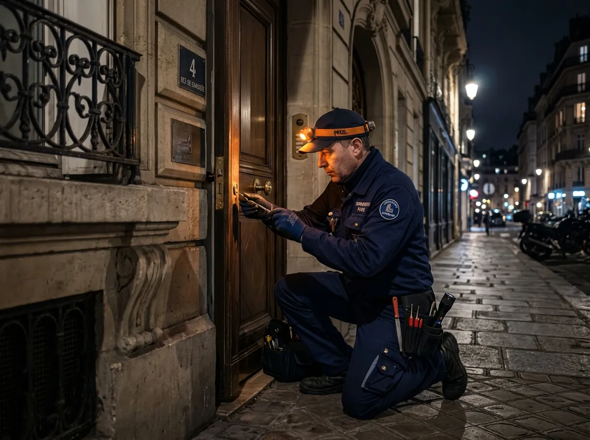 Serrurier Paris — artisan en intervention de nuit sur la serrure d'une porte d'immeuble, dépannage 24h/24